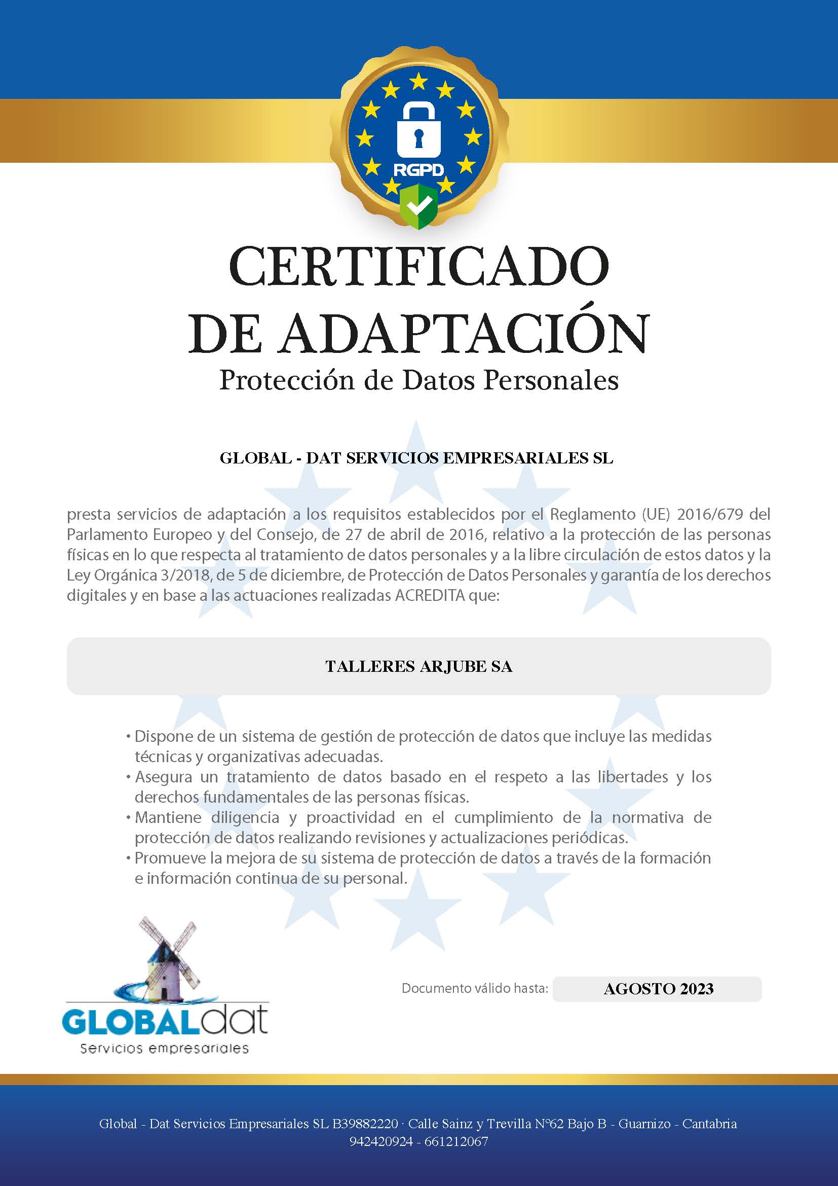 CERTIFICADO DE ADAPTACIÓN Protección de Datos Personales